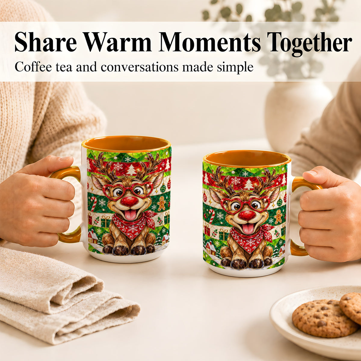 #pl[15oz|Orange] Stained Glass Style Reindeer Coffee Mug, Christmas Deer Mug, Ceramic Cup