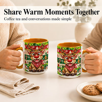 #pl[15oz|Orange] Stained Glass Style Reindeer Coffee Mug, Christmas Deer Mug, Ceramic Cup