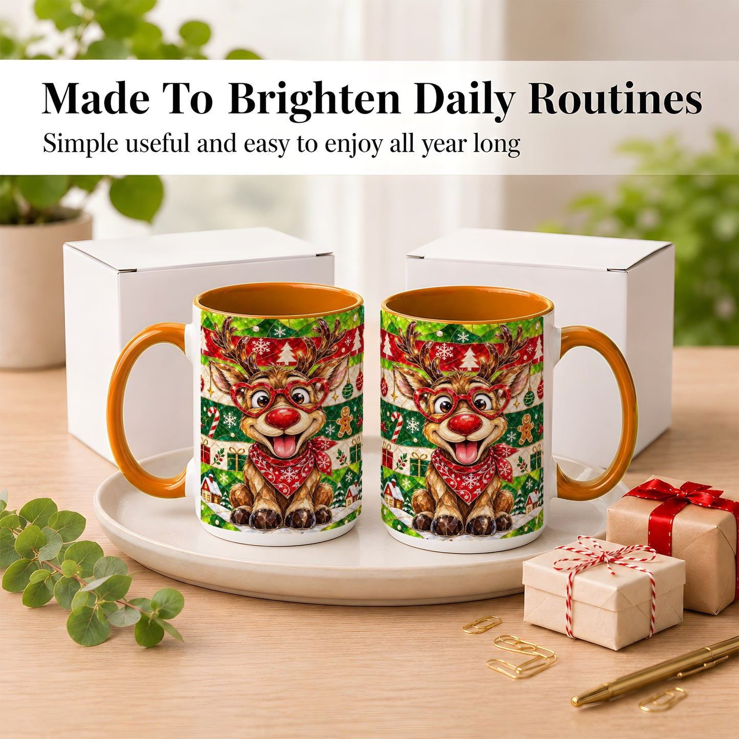 #pl[15oz|Orange] Stained Glass Style Reindeer Coffee Mug, Christmas Deer Mug, Ceramic Cup