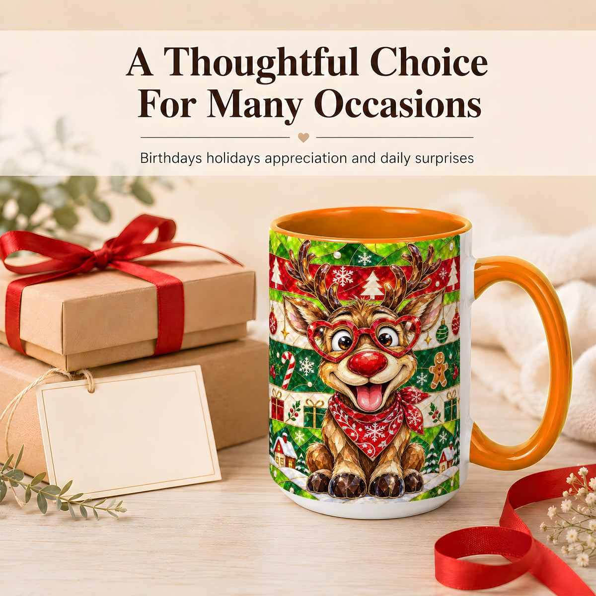 #pl[15oz|Orange] Stained Glass Style Reindeer Coffee Mug, Christmas Deer Mug, Ceramic Cup