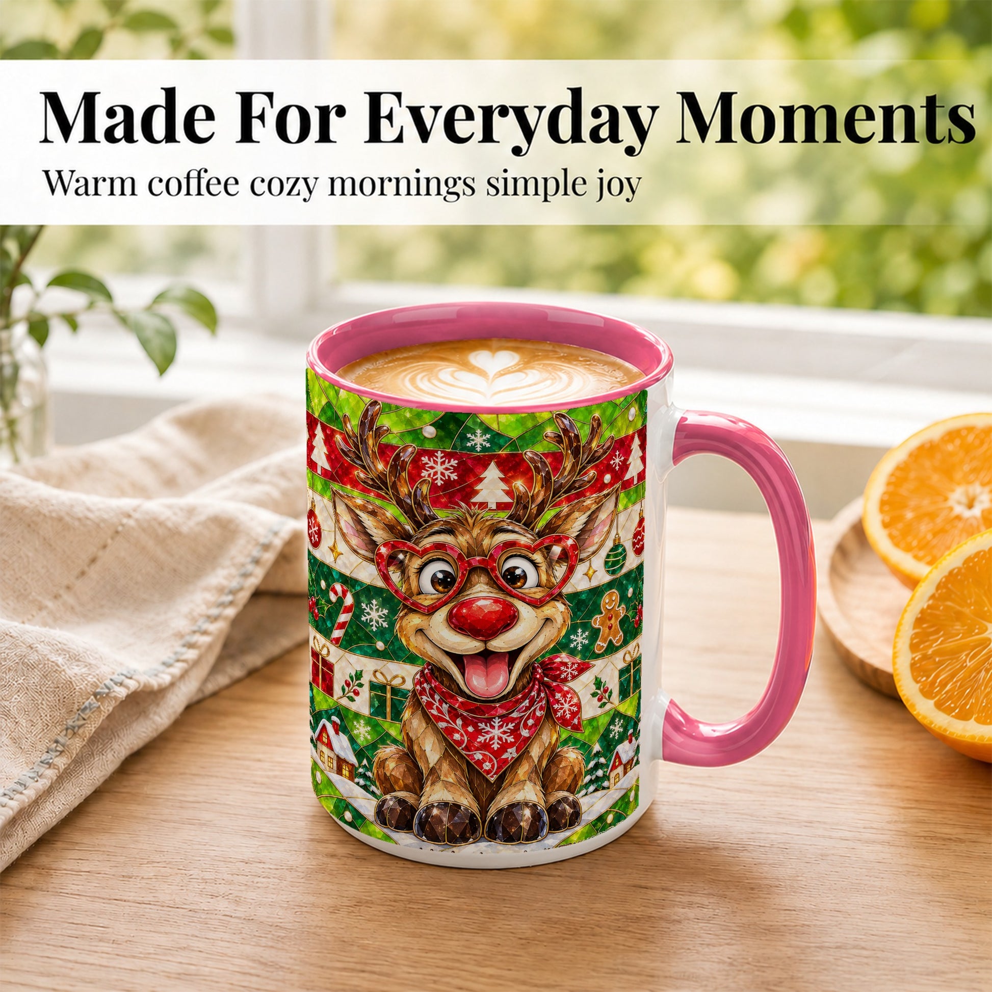 #pl[15oz|Pink] Stained Glass Style Reindeer Coffee Mug, Christmas Deer Mug, Ceramic Cup
