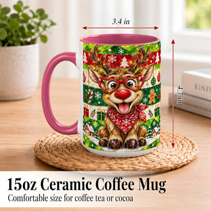 #pl[15oz|Pink] Stained Glass Style Reindeer Coffee Mug, Christmas Deer Mug, Ceramic Cup