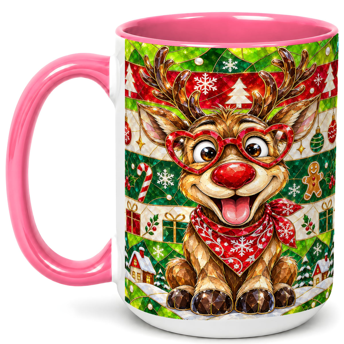 #pl[15oz|Pink] Stained Glass Style Reindeer Coffee Mug, Christmas Deer Mug, Ceramic Cup