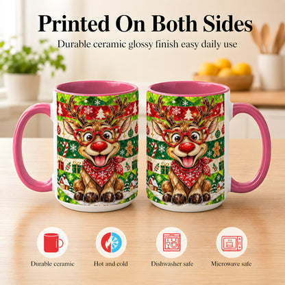 #pl[15oz|Pink] Stained Glass Style Reindeer Coffee Mug, Christmas Deer Mug, Ceramic Cup