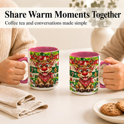#pl[15oz|Pink] Stained Glass Style Reindeer Coffee Mug, Christmas Deer Mug, Ceramic Cup