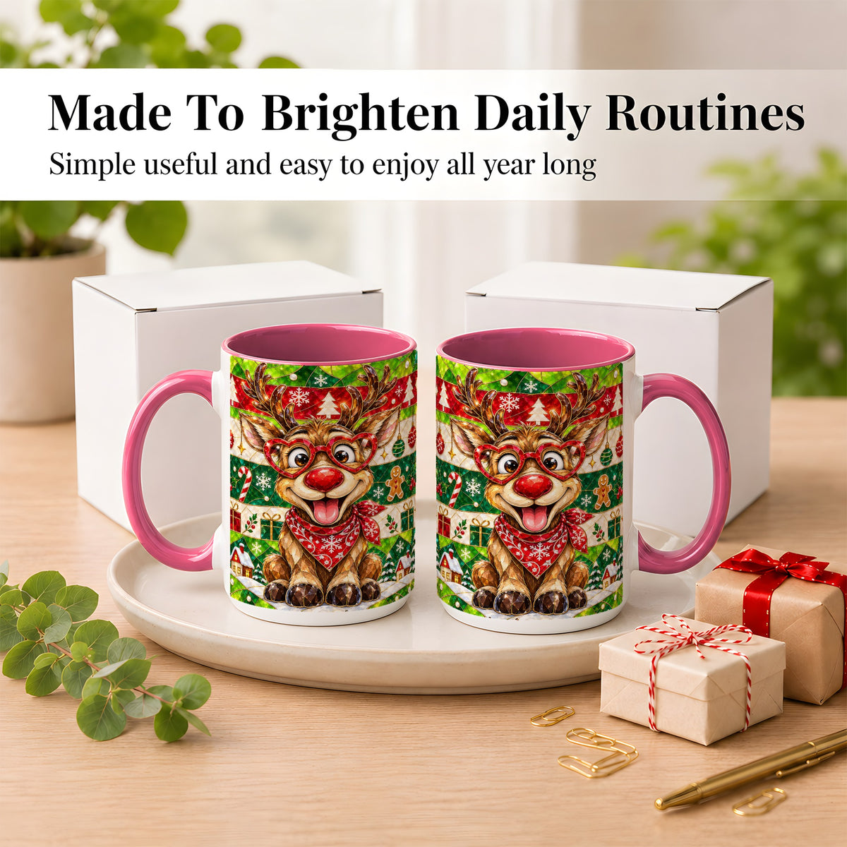 #pl[15oz|Pink] Stained Glass Style Reindeer Coffee Mug, Christmas Deer Mug, Ceramic Cup