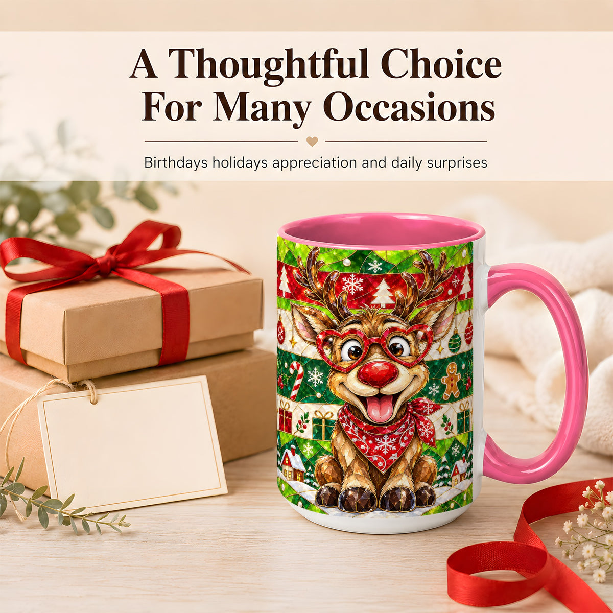 #pl[15oz|Pink] Stained Glass Style Reindeer Coffee Mug, Christmas Deer Mug, Ceramic Cup