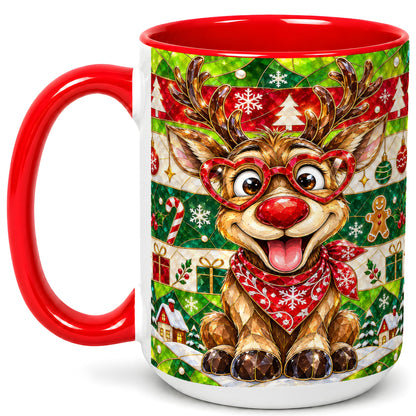 #pl[15oz|Red] Stained Glass Style Reindeer Coffee Mug, Christmas Deer Mug, Ceramic Cup