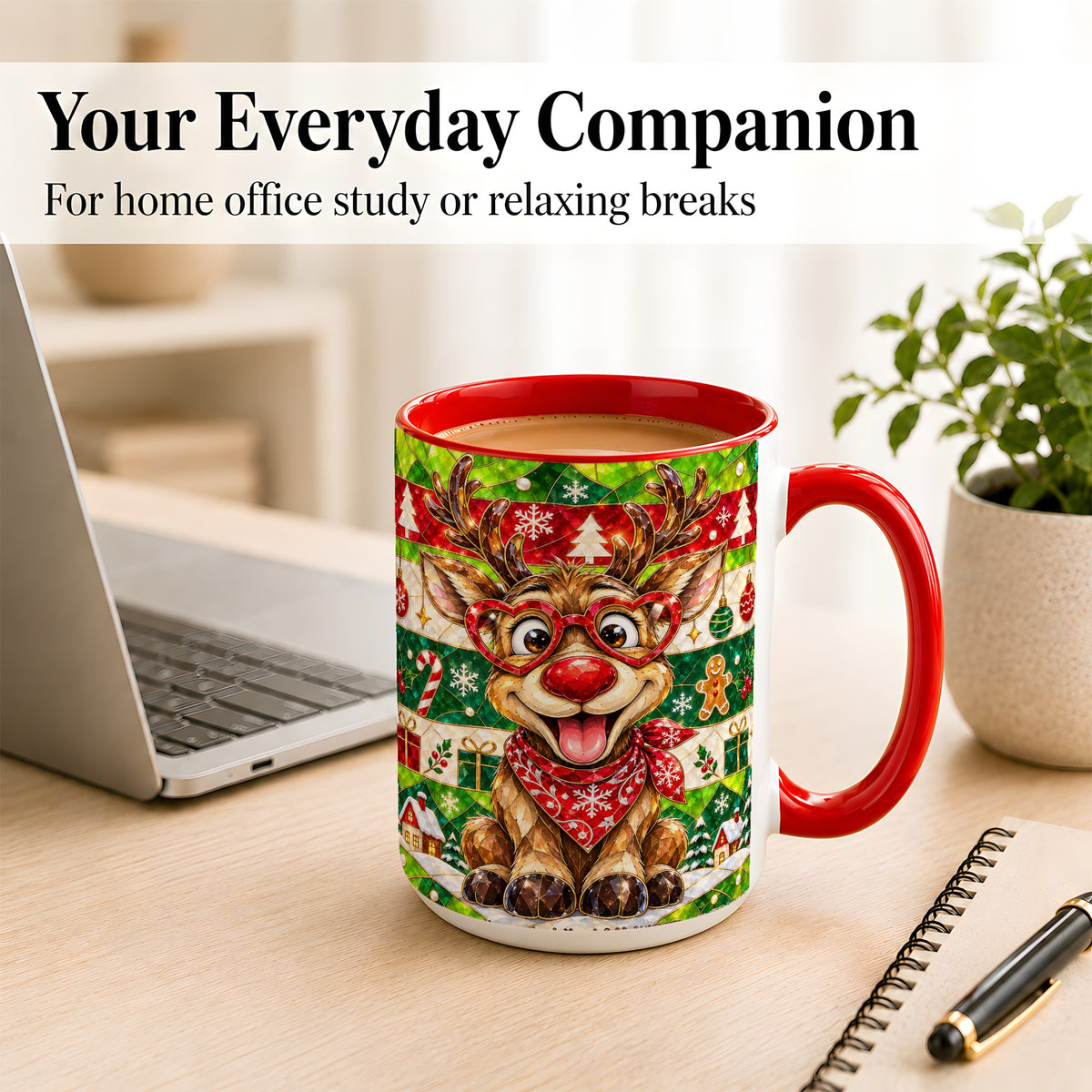 #pl[15oz|Red] Stained Glass Style Reindeer Coffee Mug, Christmas Deer Mug, Ceramic Cup