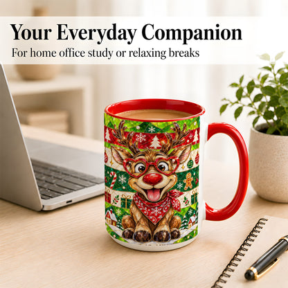 #pl[15oz|Red] Stained Glass Style Reindeer Coffee Mug, Christmas Deer Mug, Ceramic Cup