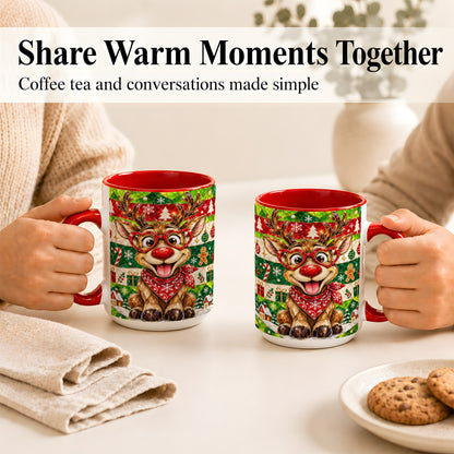 #pl[15oz|Red] Stained Glass Style Reindeer Coffee Mug, Christmas Deer Mug, Ceramic Cup