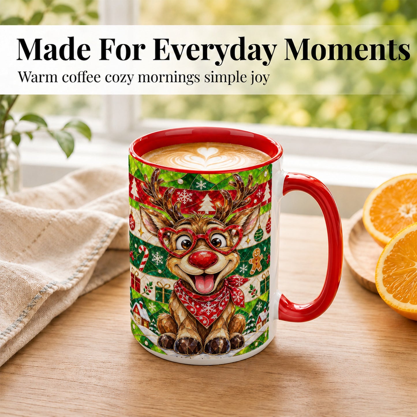 #pl[15oz|Red] Stained Glass Style Reindeer Coffee Mug, Christmas Deer Mug, Ceramic Cup
