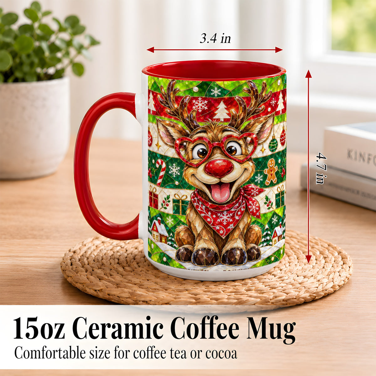 #pl[15oz|Red] Stained Glass Style Reindeer Coffee Mug, Christmas Deer Mug, Ceramic Cup
