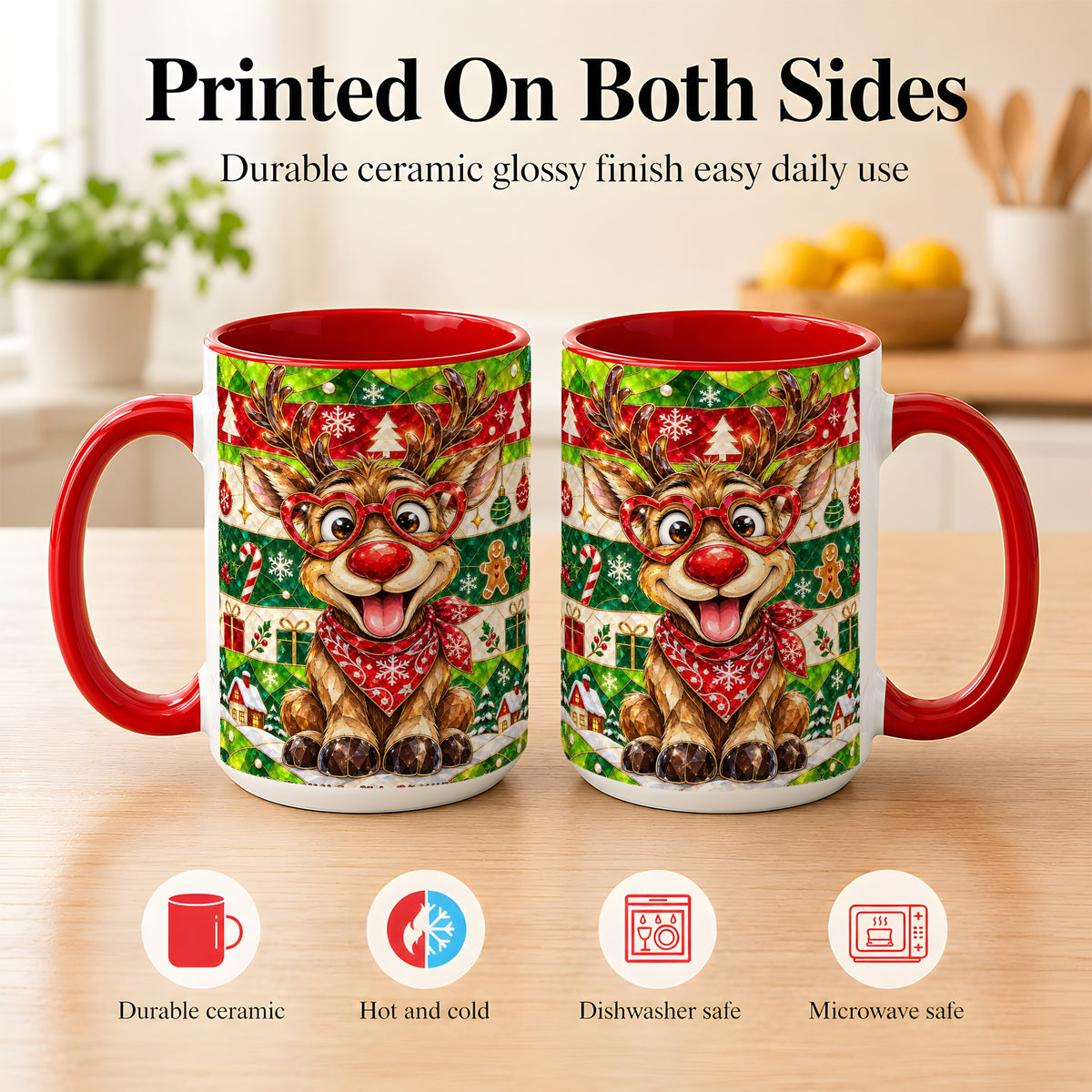 #pl[15oz|Red] Stained Glass Style Reindeer Coffee Mug, Christmas Deer Mug, Ceramic Cup