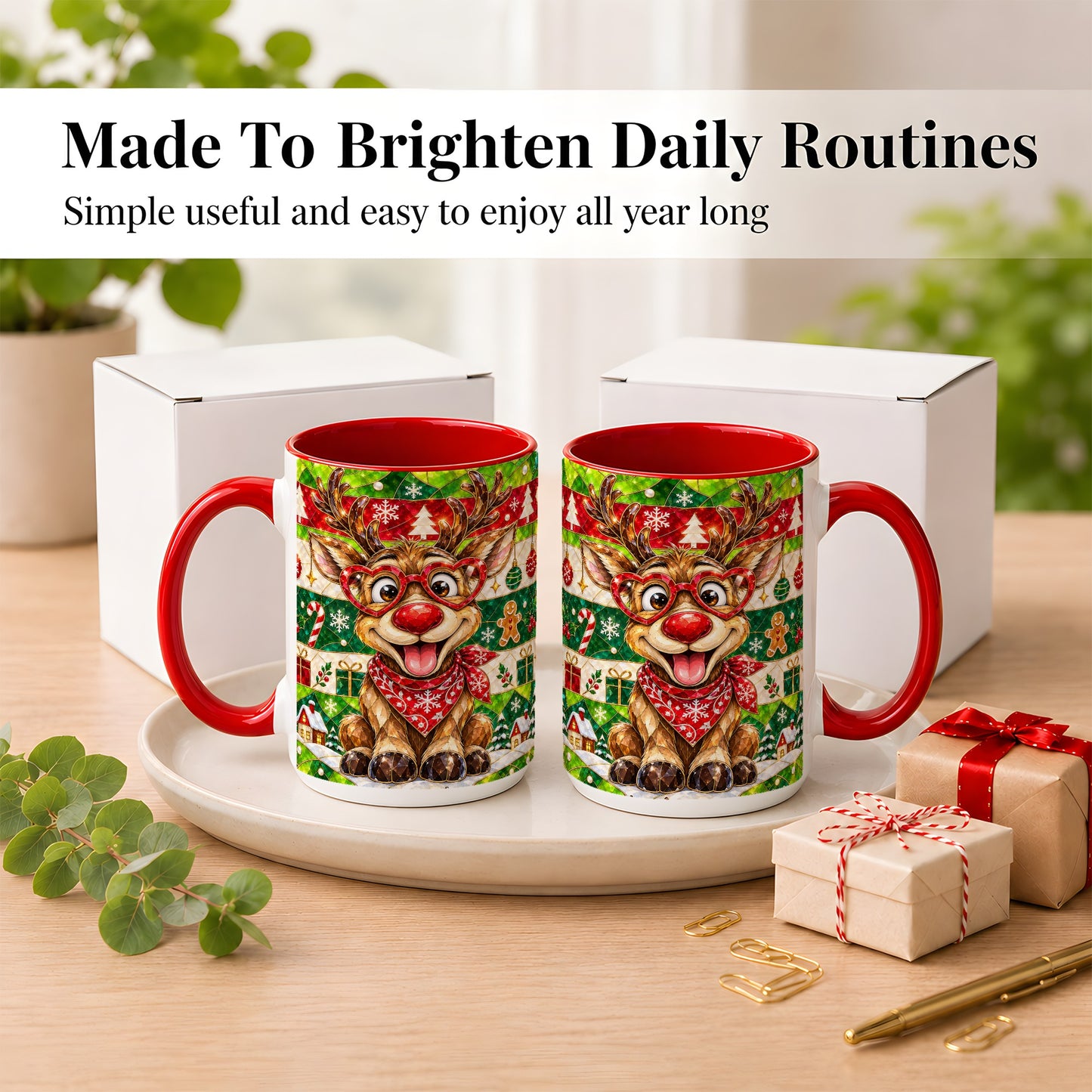 #pl[15oz|Red] Stained Glass Style Reindeer Coffee Mug, Christmas Deer Mug, Ceramic Cup