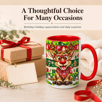 #pl[15oz|Red] Stained Glass Style Reindeer Coffee Mug, Christmas Deer Mug, Ceramic Cup