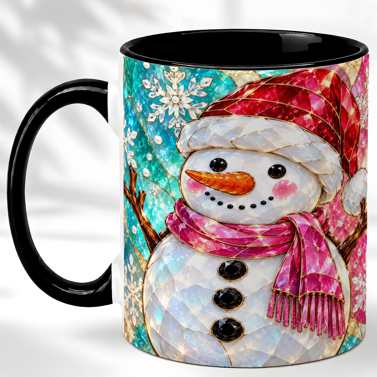 #pl[11oz|Black] Stained Glass Snowman Coffee Mug, Winter Holiday Mug, Ceramic Cup