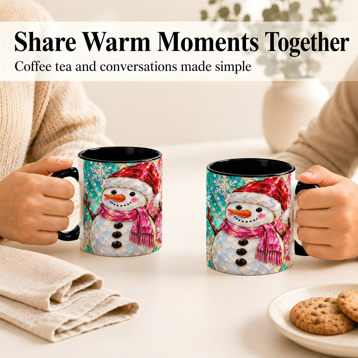 #pl[11oz|Black] Stained Glass Snowman Coffee Mug, Winter Holiday Mug, Ceramic Cup