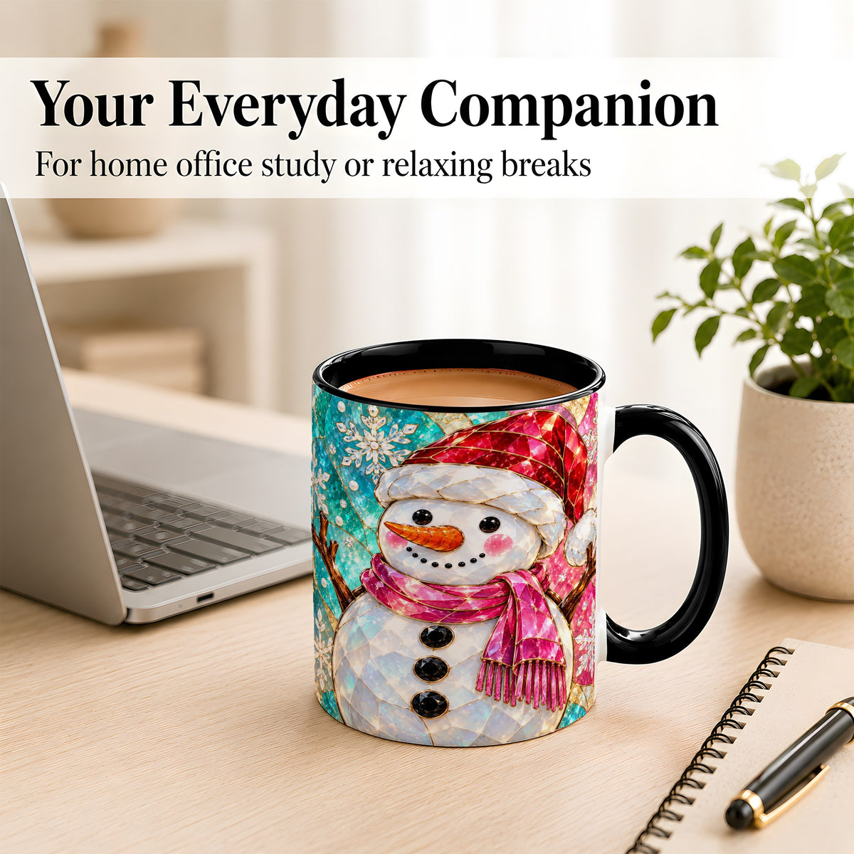 #pl[11oz|Black] Stained Glass Snowman Coffee Mug, Winter Holiday Mug, Ceramic Cup