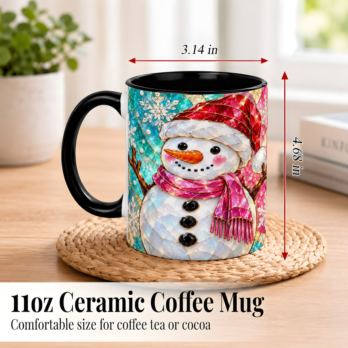#pl[11oz|Black] Stained Glass Snowman Coffee Mug, Winter Holiday Mug, Ceramic Cup
