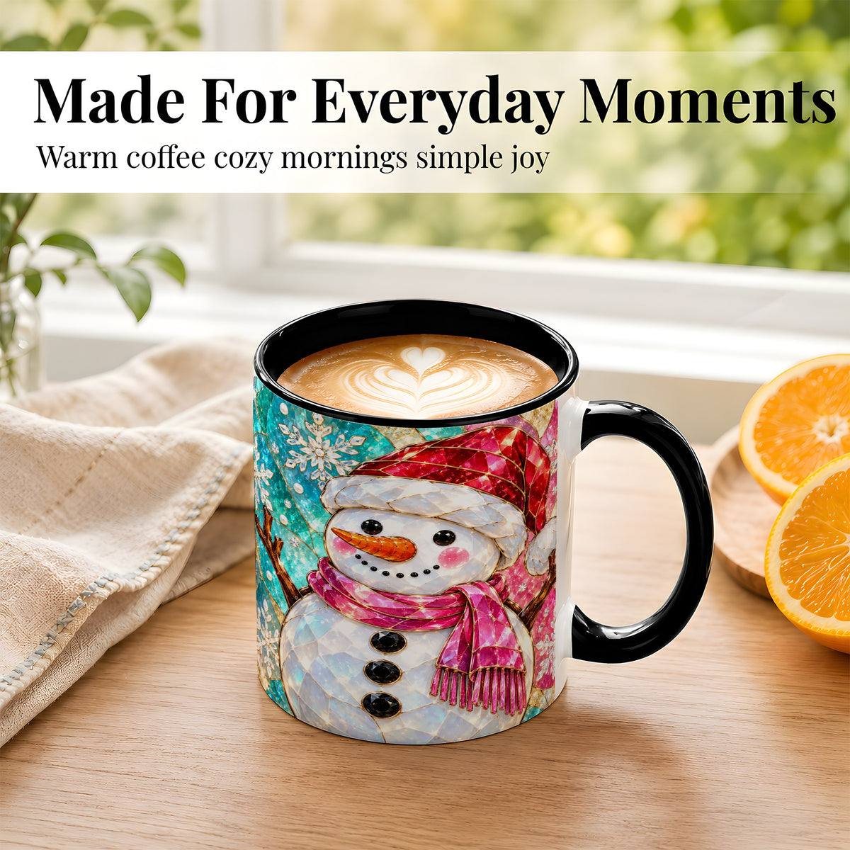 #pl[11oz|Black] Stained Glass Snowman Coffee Mug, Winter Holiday Mug, Ceramic Cup