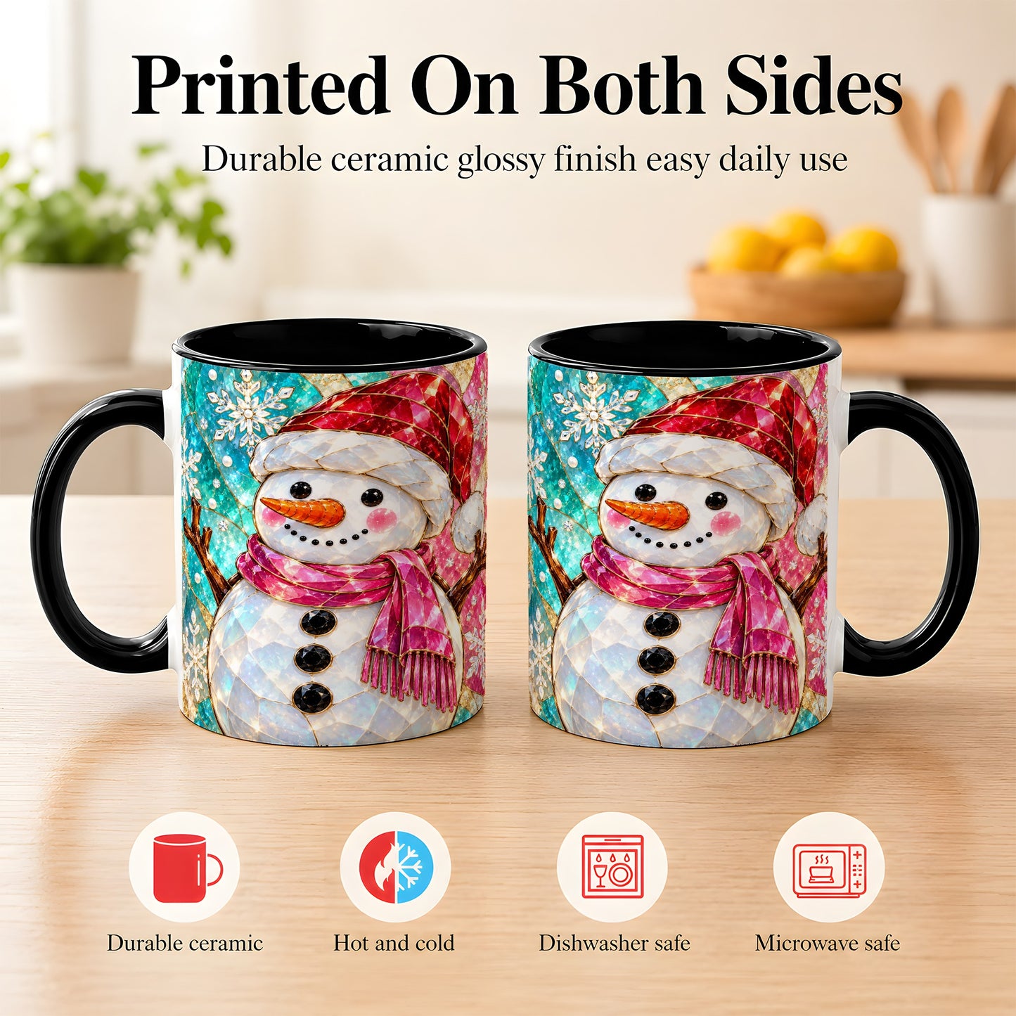 #pl[11oz|Black] Stained Glass Snowman Coffee Mug, Winter Holiday Mug, Ceramic Cup