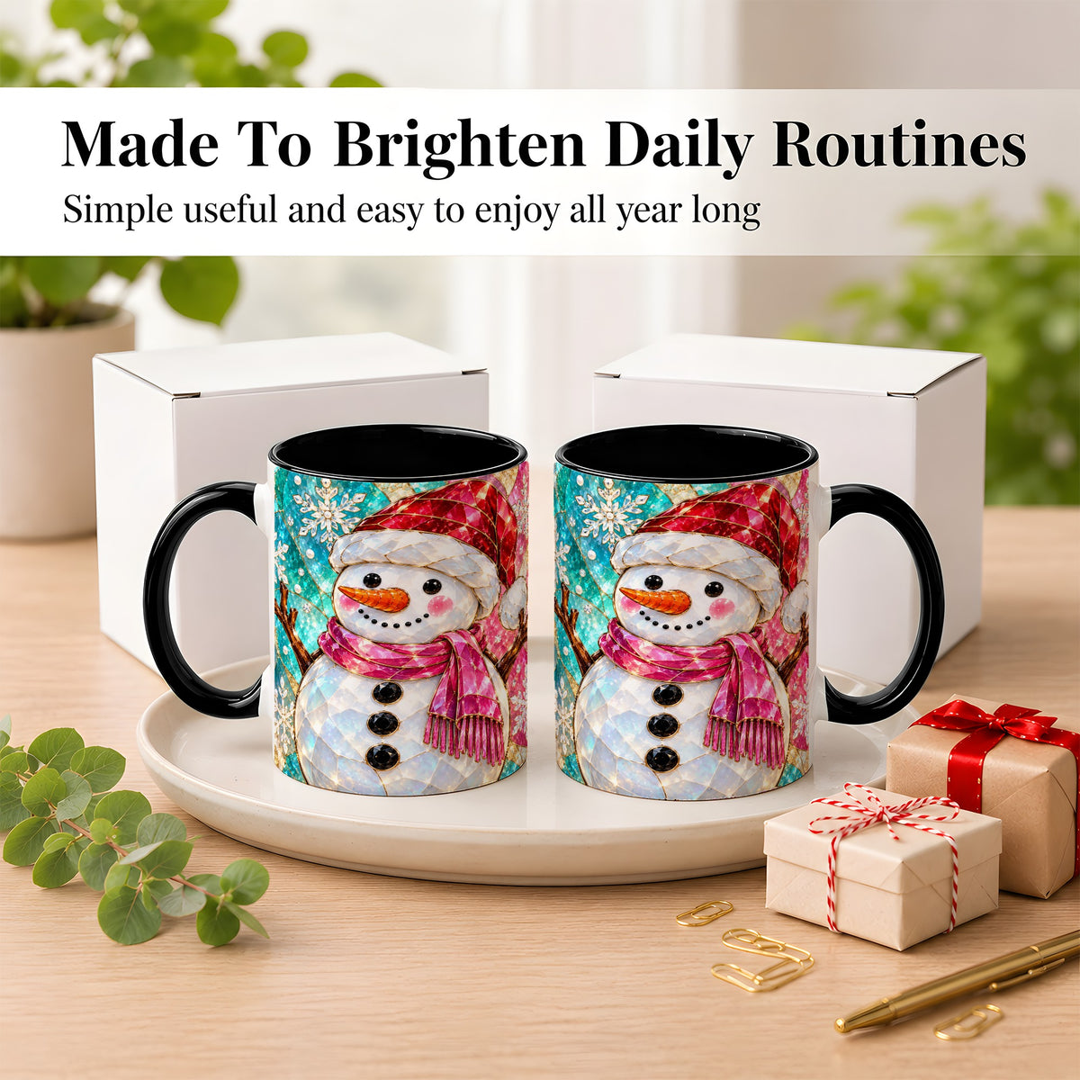 #pl[11oz|Black] Stained Glass Snowman Coffee Mug, Winter Holiday Mug, Ceramic Cup