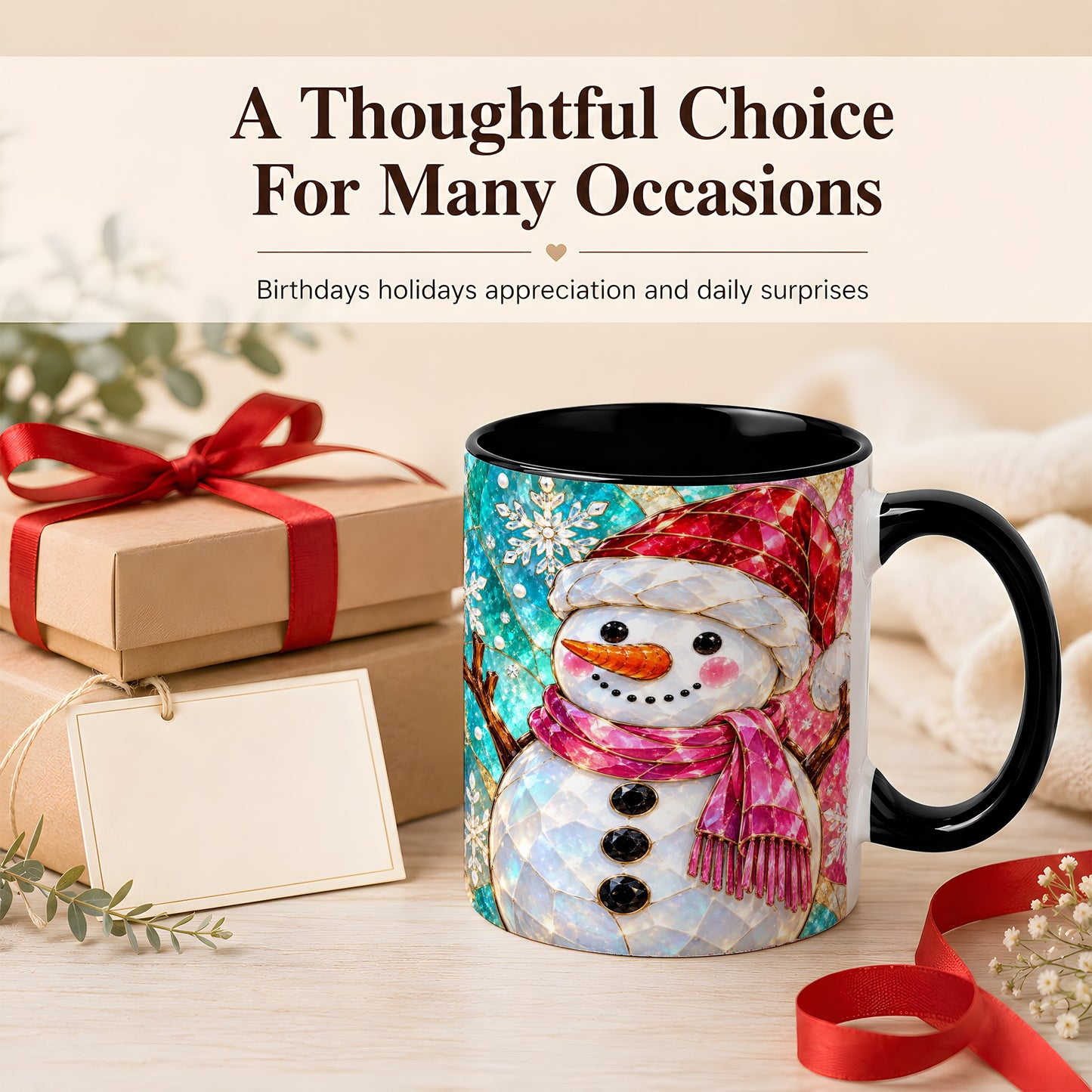 #pl[11oz|Black] Stained Glass Snowman Coffee Mug, Winter Holiday Mug, Ceramic Cup