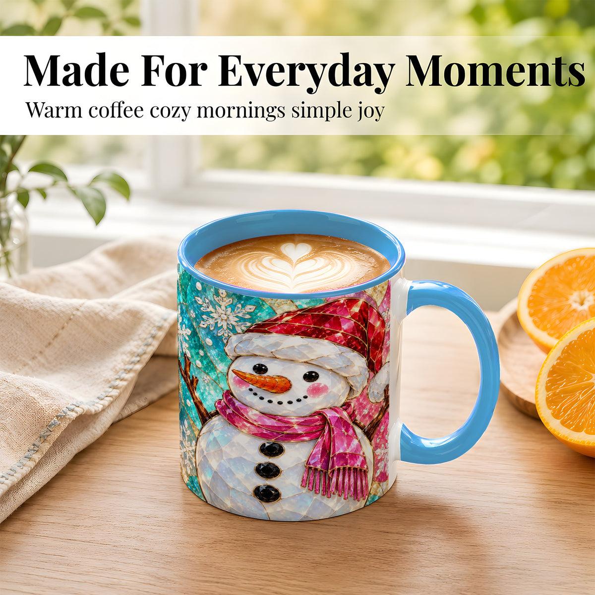 #pl[11oz|Blue] Stained Glass Snowman Coffee Mug, Winter Holiday Mug, Ceramic Cup