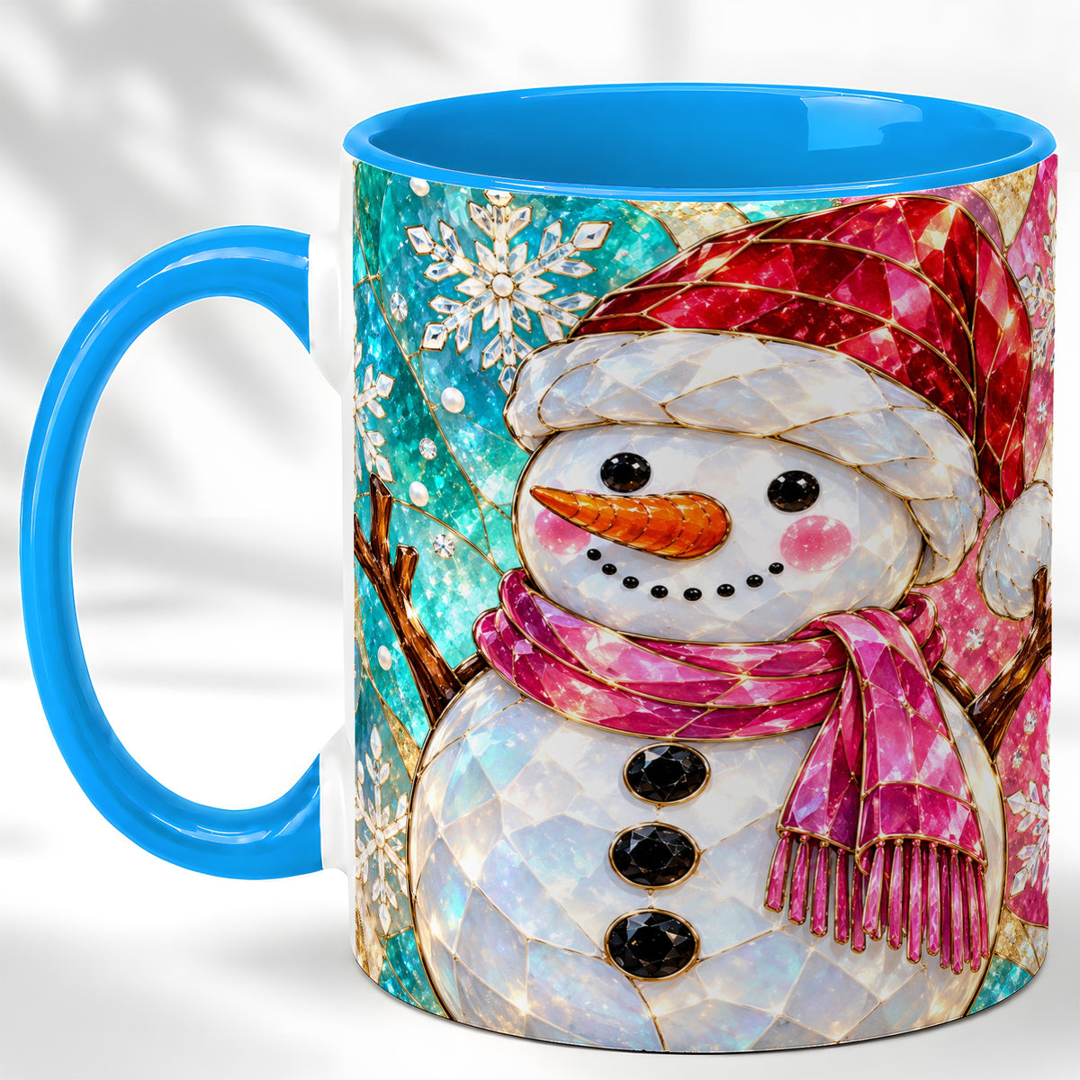 #pl[11oz|Blue] Stained Glass Snowman Coffee Mug, Winter Holiday Mug, Ceramic Cup