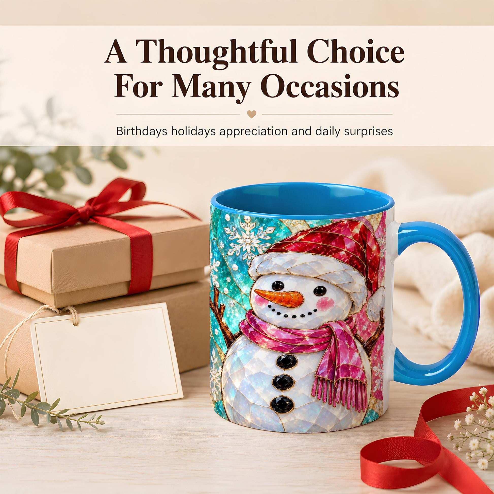 #pl[11oz|Blue] Stained Glass Snowman Coffee Mug, Winter Holiday Mug, Ceramic Cup