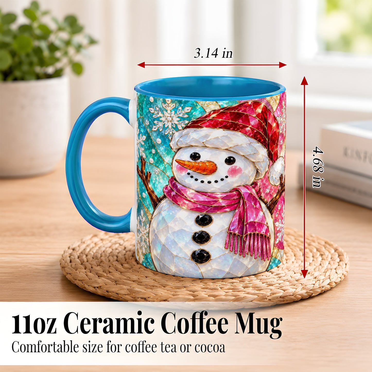 #pl[11oz|Blue] Stained Glass Snowman Coffee Mug, Winter Holiday Mug, Ceramic Cup