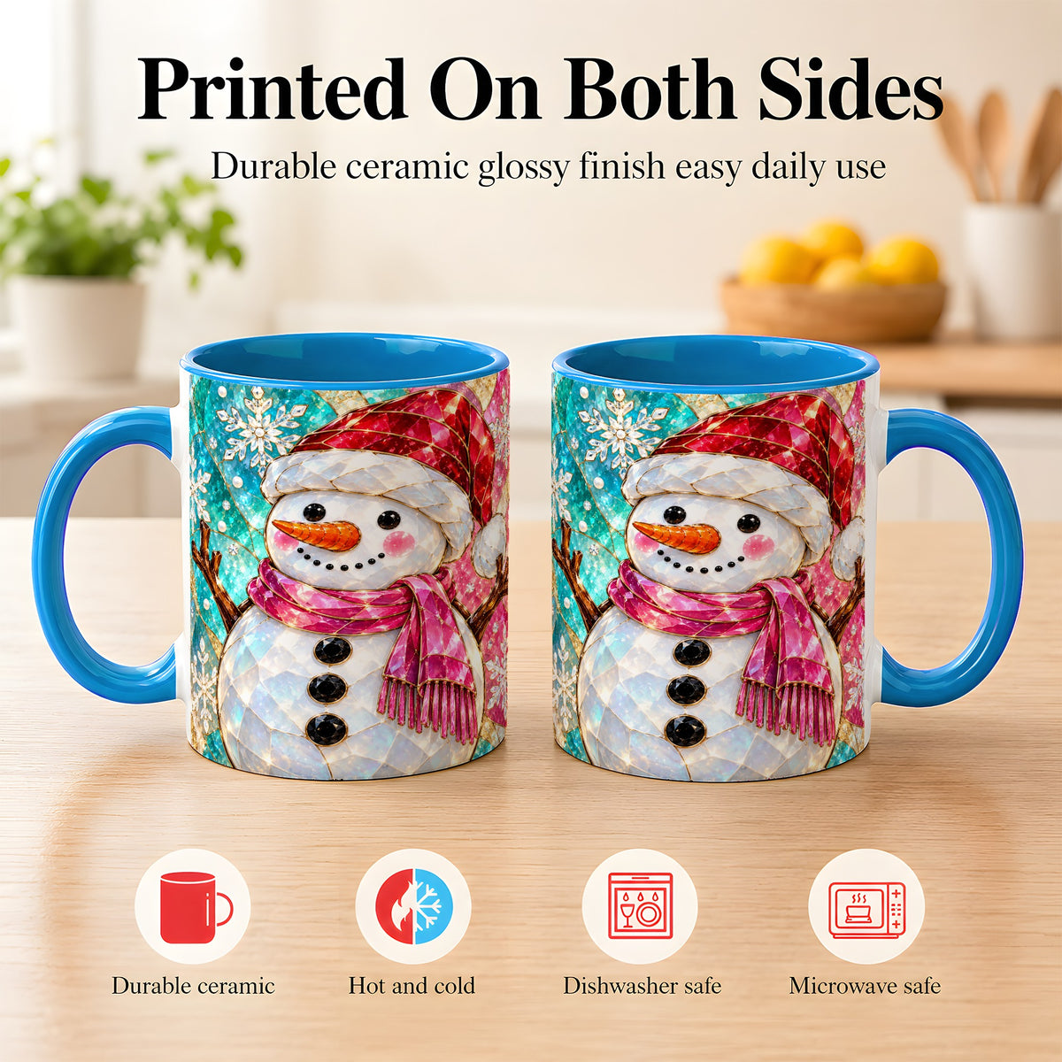 #pl[11oz|Blue] Stained Glass Snowman Coffee Mug, Winter Holiday Mug, Ceramic Cup