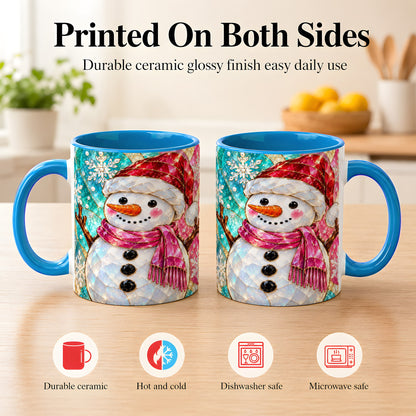 #pl[11oz|Blue] Stained Glass Snowman Coffee Mug, Winter Holiday Mug, Ceramic Cup