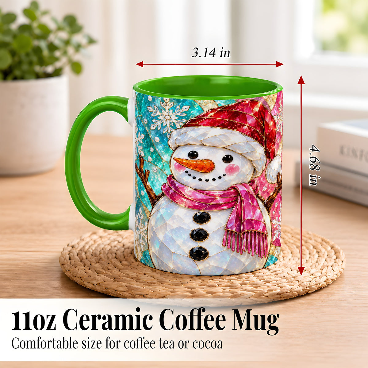 #pl[11oz|Green] Stained Glass Snowman Coffee Mug, Winter Holiday Mug, Ceramic Cup