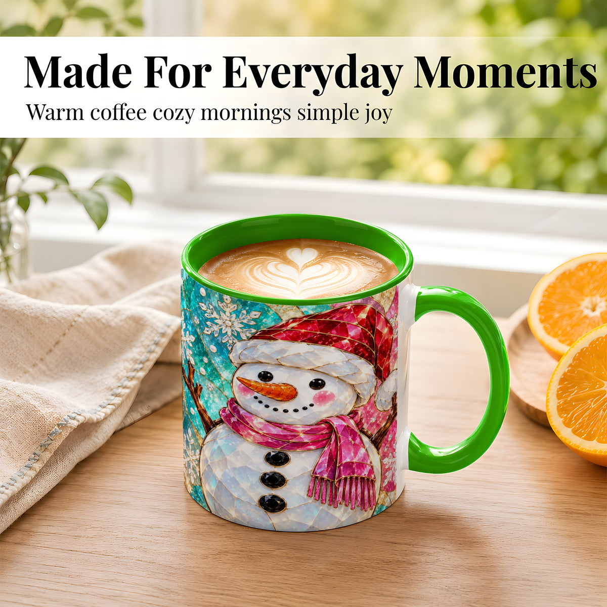 #pl[11oz|Green] Stained Glass Snowman Coffee Mug, Winter Holiday Mug, Ceramic Cup
