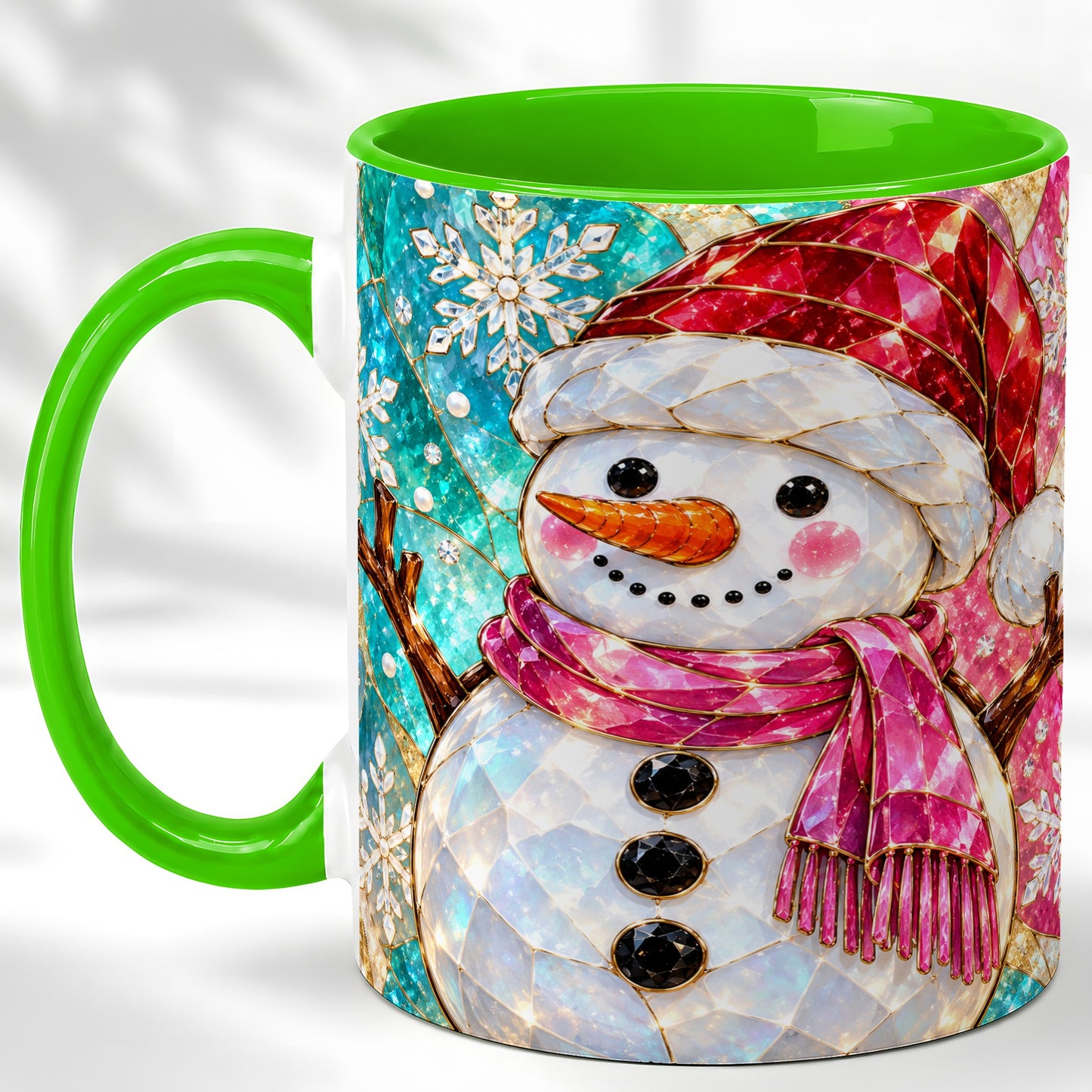 #pl[11oz|Green] Stained Glass Snowman Coffee Mug, Winter Holiday Mug, Ceramic Cup
