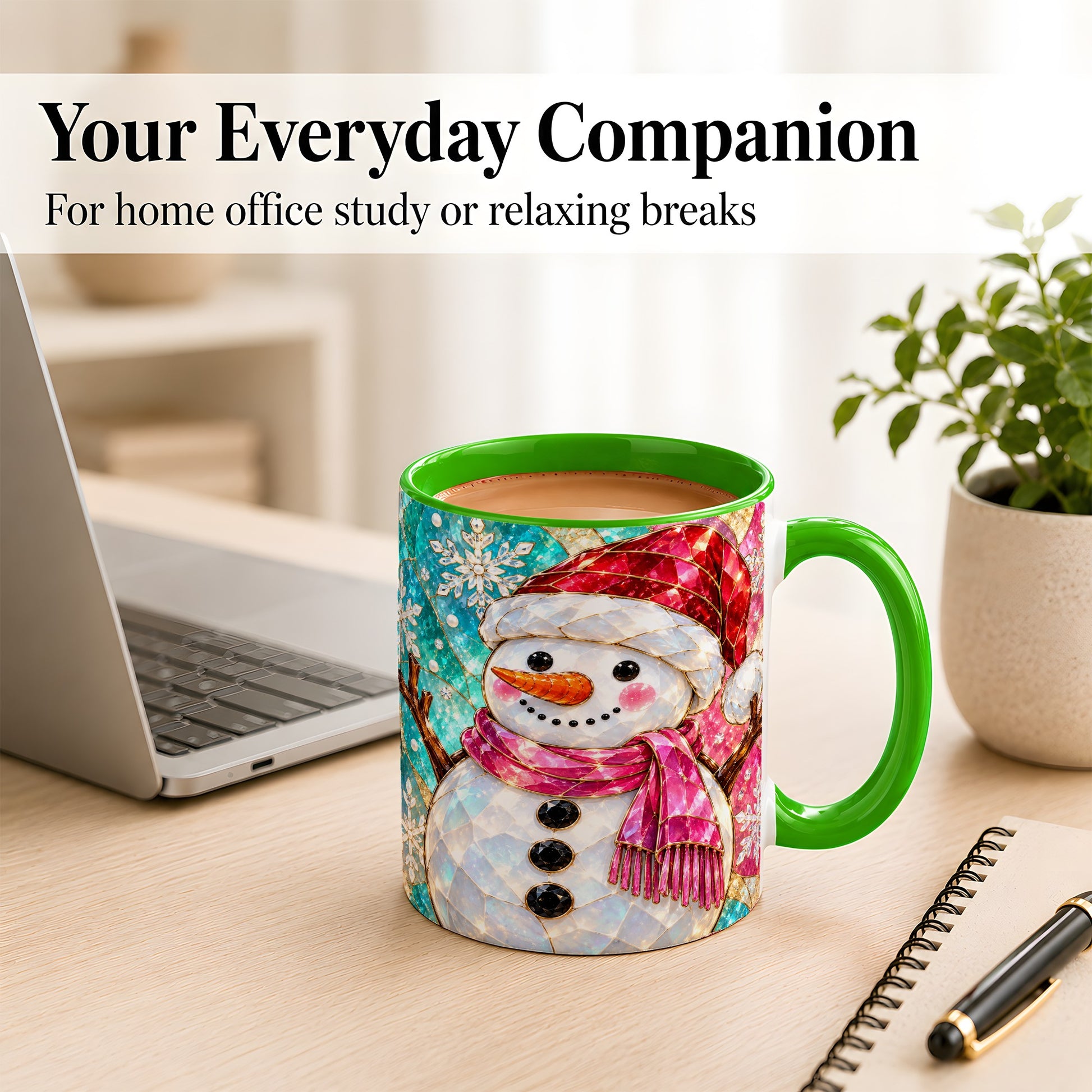 #pl[11oz|Green] Stained Glass Snowman Coffee Mug, Winter Holiday Mug, Ceramic Cup