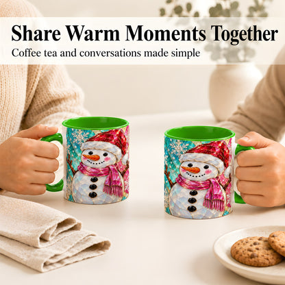 #pl[11oz|Green] Stained Glass Snowman Coffee Mug, Winter Holiday Mug, Ceramic Cup