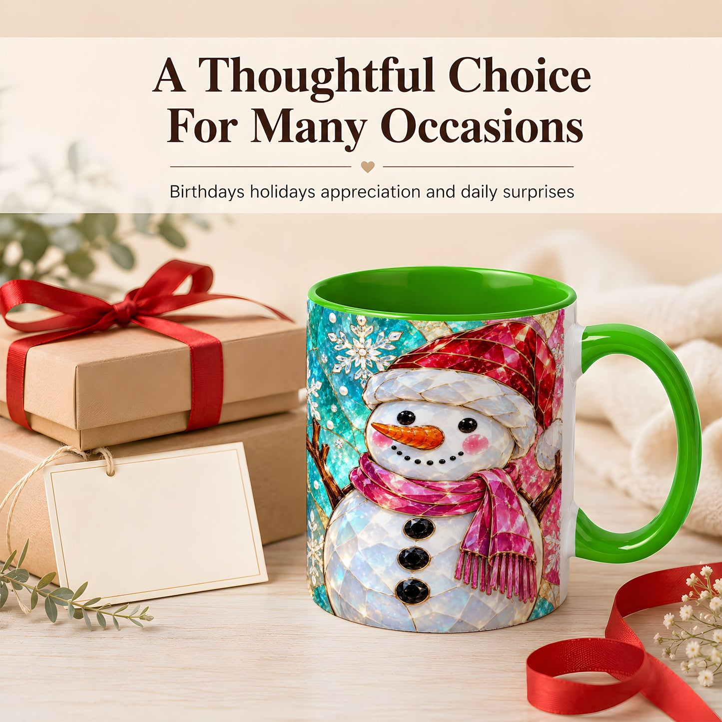 #pl[11oz|Green] Stained Glass Snowman Coffee Mug, Winter Holiday Mug, Ceramic Cup