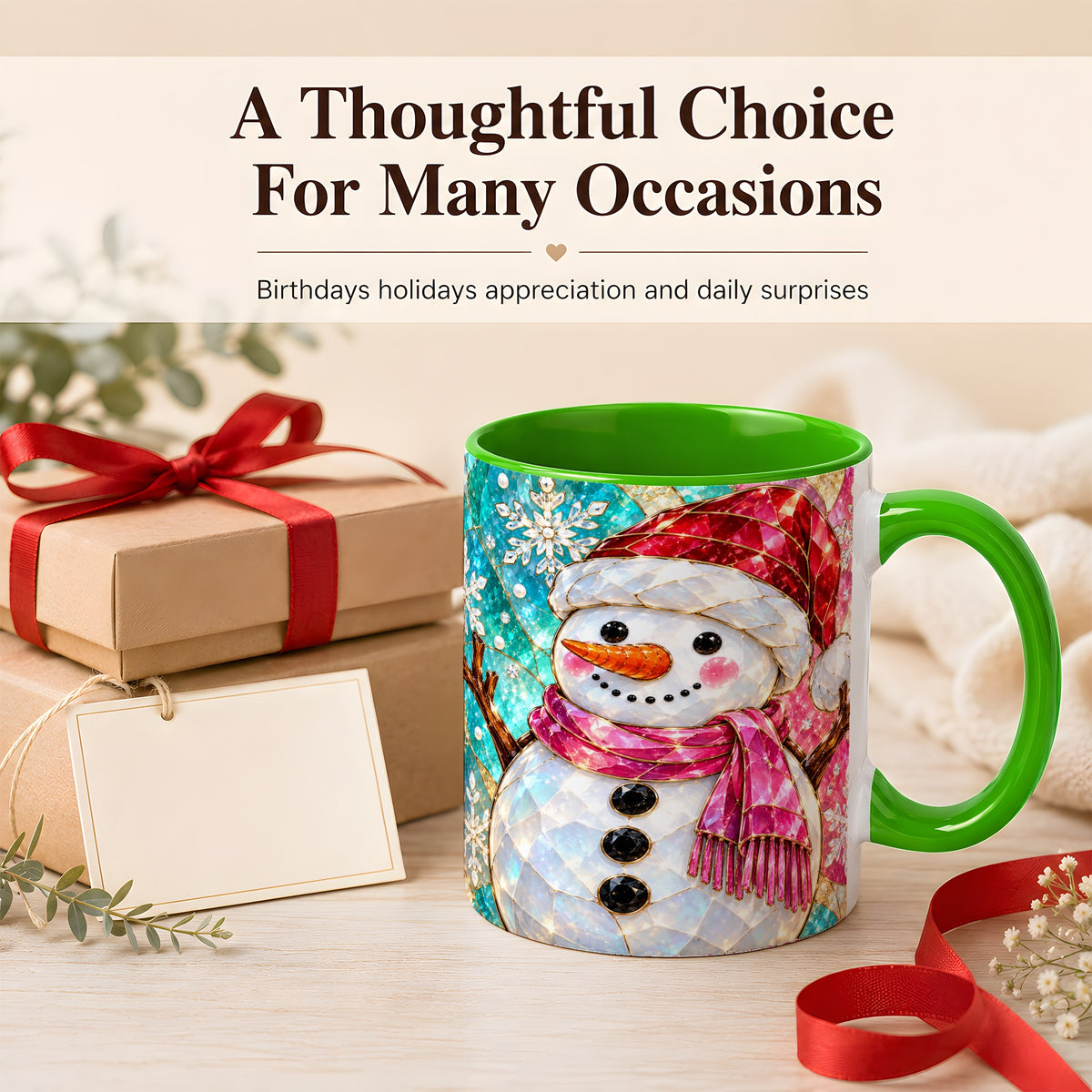 #pl[11oz|Green] Stained Glass Snowman Coffee Mug, Winter Holiday Mug, Ceramic Cup
