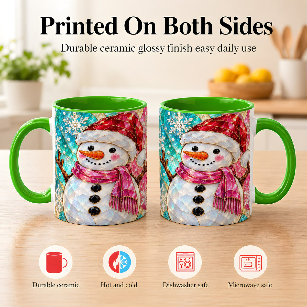#pl[11oz|Green] Stained Glass Snowman Coffee Mug, Winter Holiday Mug, Ceramic Cup