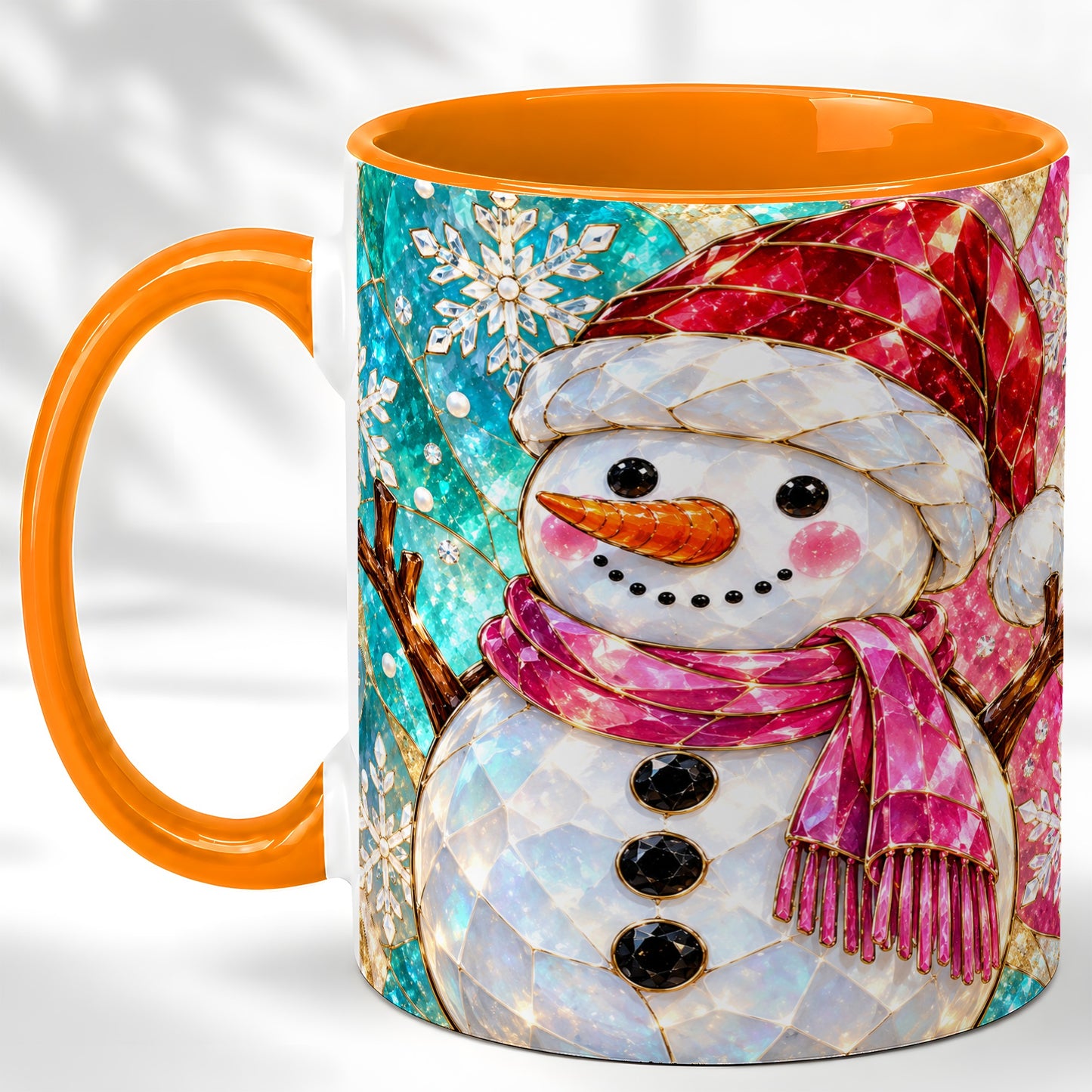 #pl[11oz|Orange] Stained Glass Snowman Coffee Mug, Winter Holiday Mug, Ceramic Cup