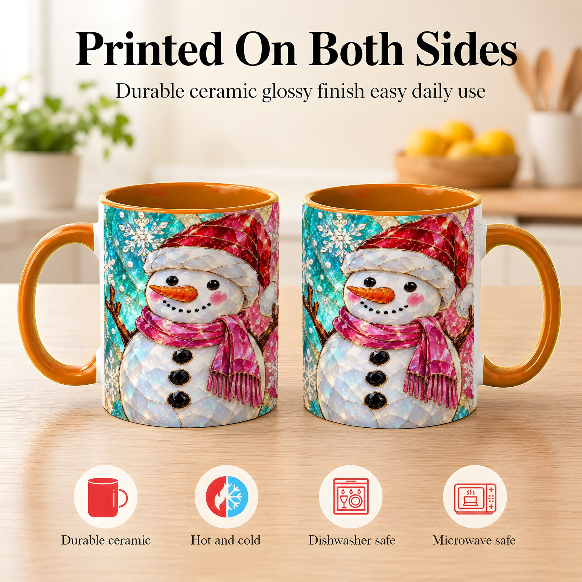 #pl[11oz|Orange] Stained Glass Snowman Coffee Mug, Winter Holiday Mug, Ceramic Cup