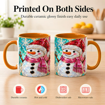 #pl[11oz|Orange] Stained Glass Snowman Coffee Mug, Winter Holiday Mug, Ceramic Cup