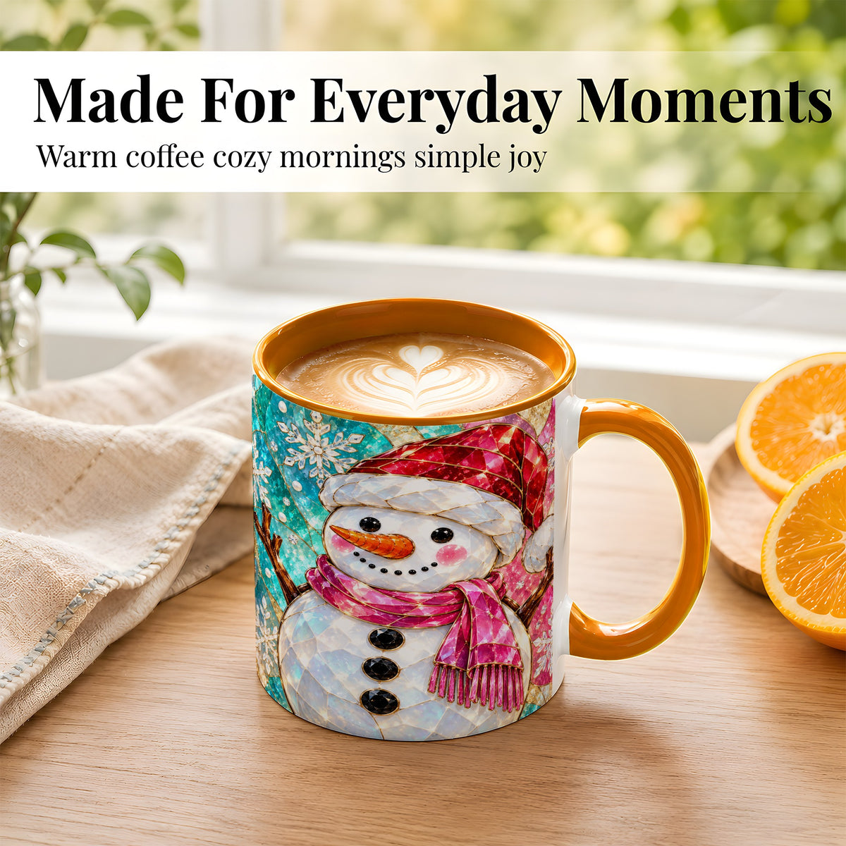 #pl[11oz|Orange] Stained Glass Snowman Coffee Mug, Winter Holiday Mug, Ceramic Cup