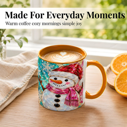 #pl[11oz|Orange] Stained Glass Snowman Coffee Mug, Winter Holiday Mug, Ceramic Cup