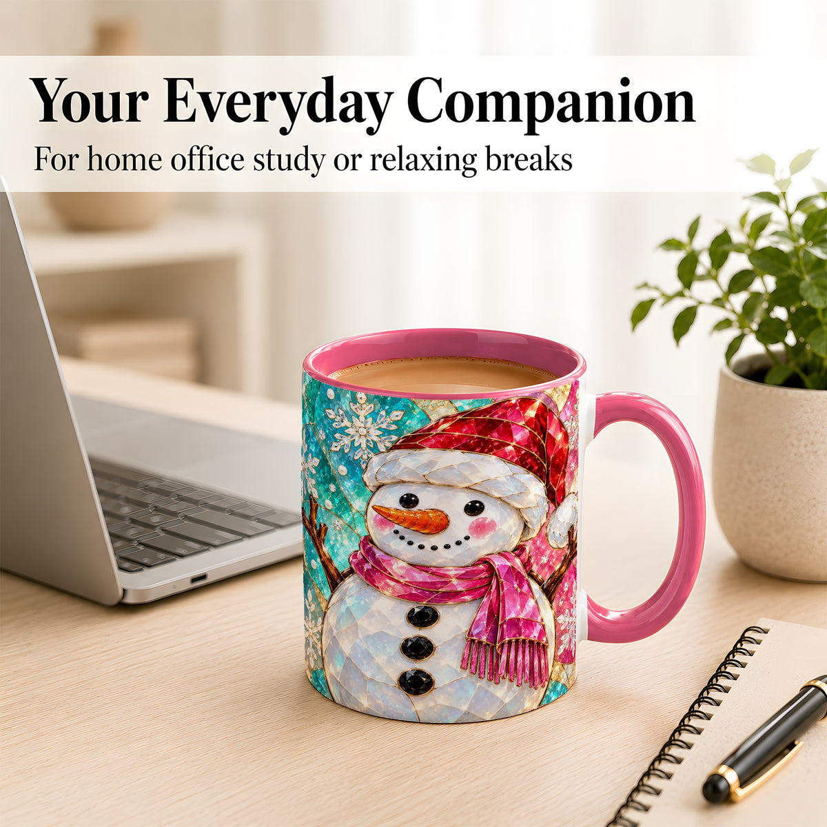 #pl[11oz|Pink] Stained Glass Snowman Coffee Mug, Winter Holiday Mug, Ceramic Cup