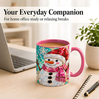 #pl[11oz|Pink] Stained Glass Snowman Coffee Mug, Winter Holiday Mug, Ceramic Cup