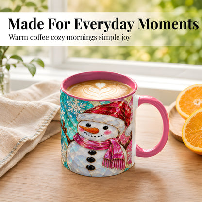#pl[11oz|Pink] Stained Glass Snowman Coffee Mug, Winter Holiday Mug, Ceramic Cup